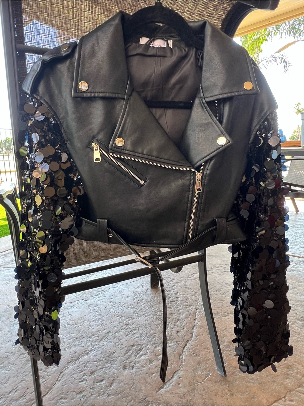Black Sequin-Sleeve Faux Leather Moto Jacket
